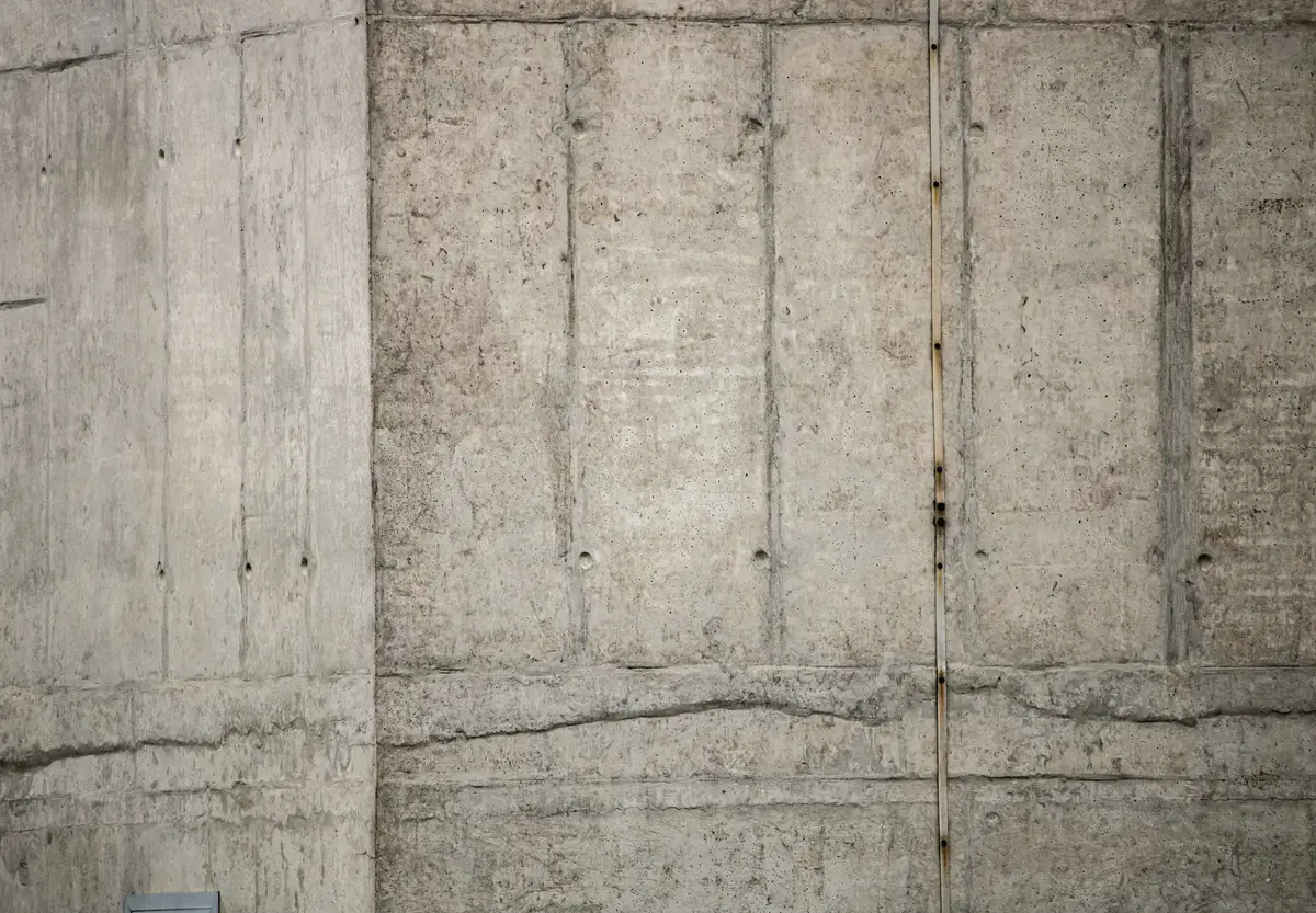 A concrete wall showing the lines of its formwork