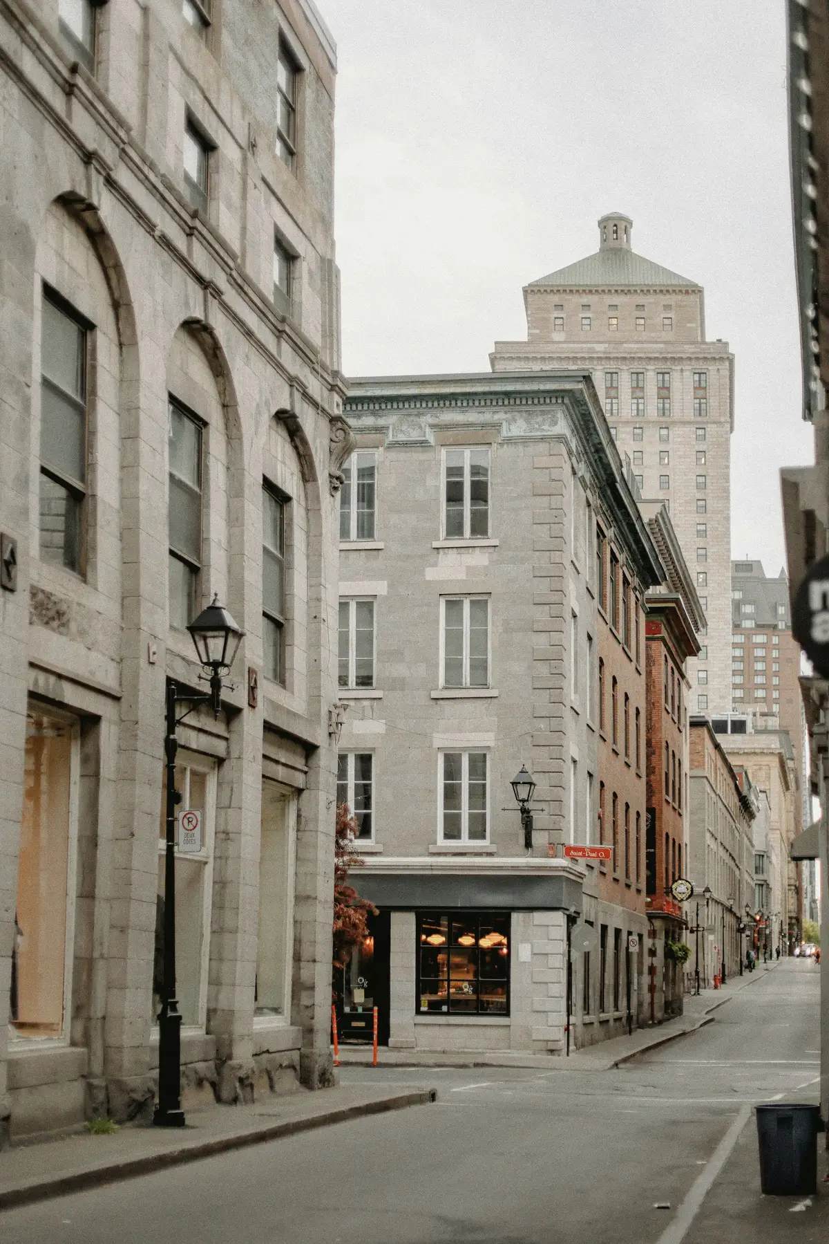 A street of greystone buildings