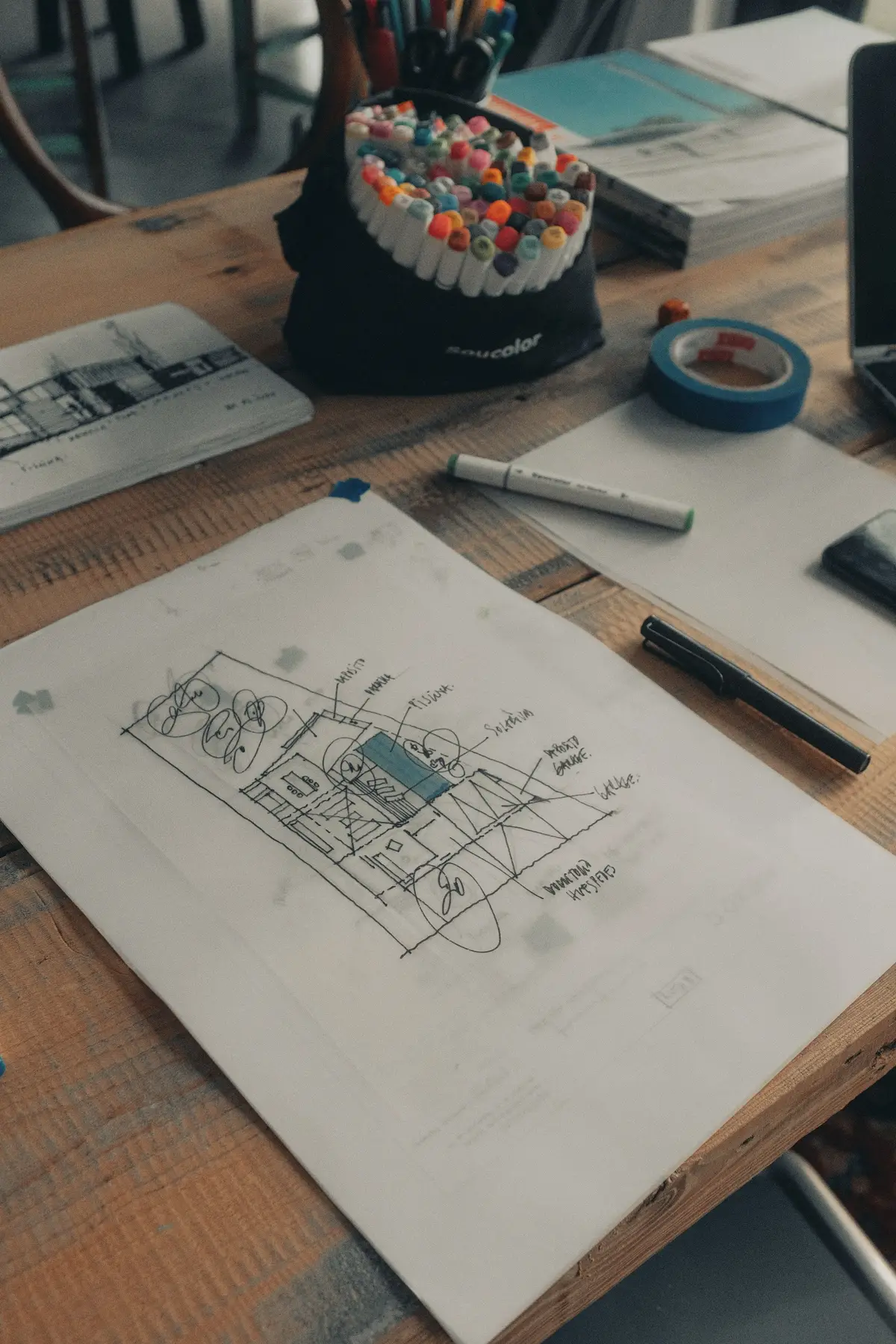 Sketches and a site plan on a drafting table