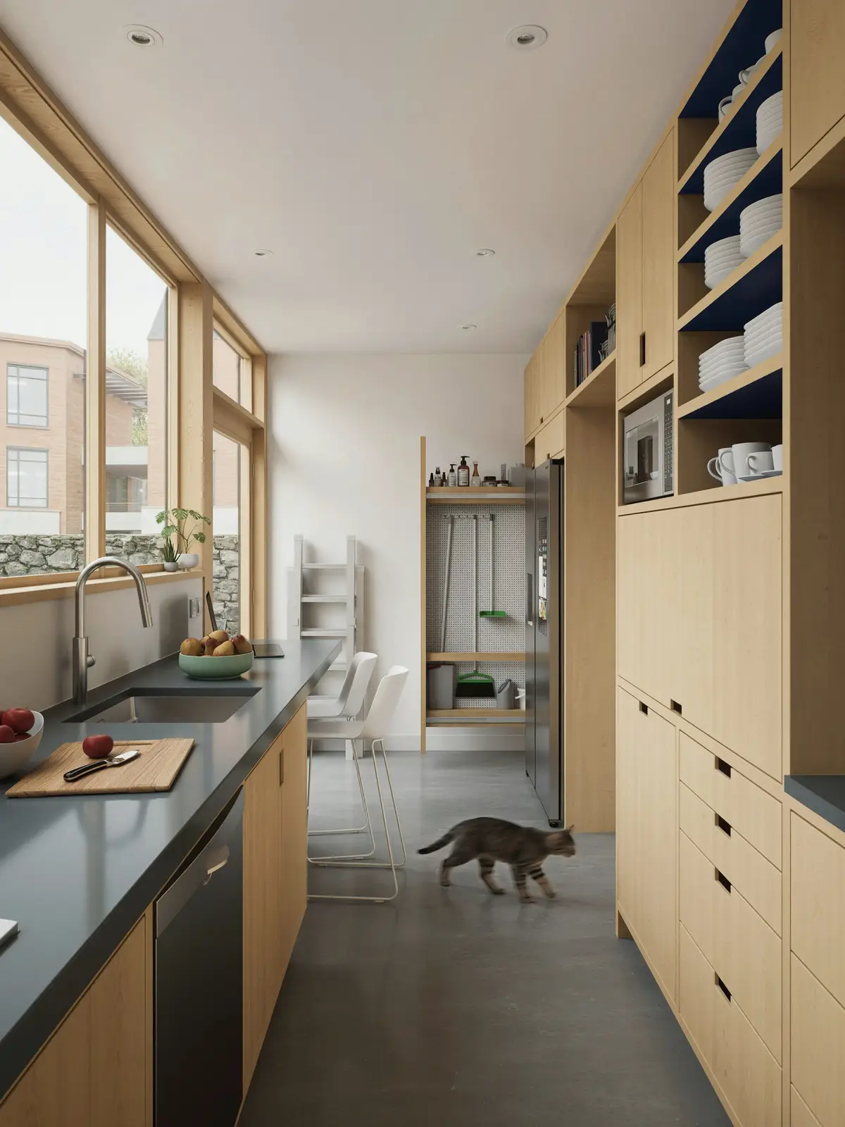 A narrow kitchen with light wood cabinets and a window at the end